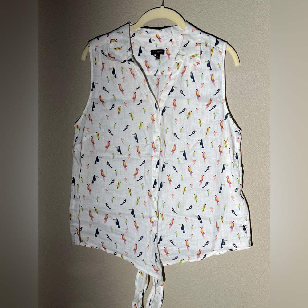 White Linen Bird Front-Tie Tank Top Blouse Size L